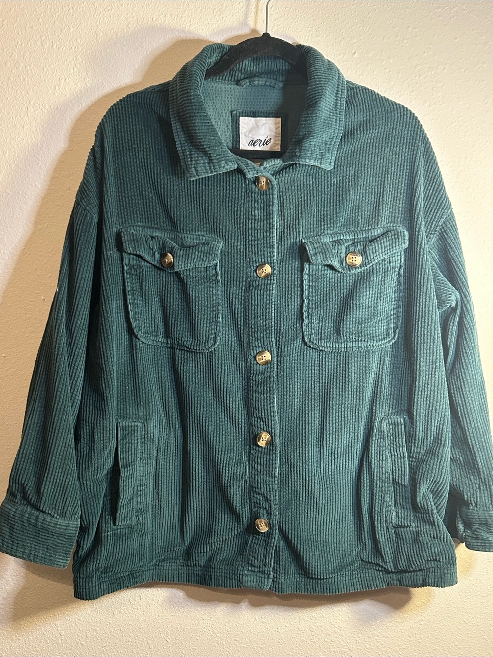 Aerie LumberJane corduroy Waffle Shirt Oversized Button Up Shacket Green